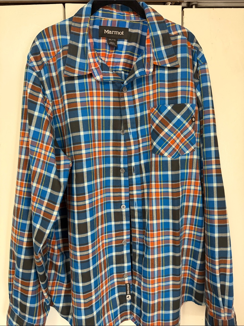 Marmot Blue, Orange & Brown Plaid Button-Down Shirt
